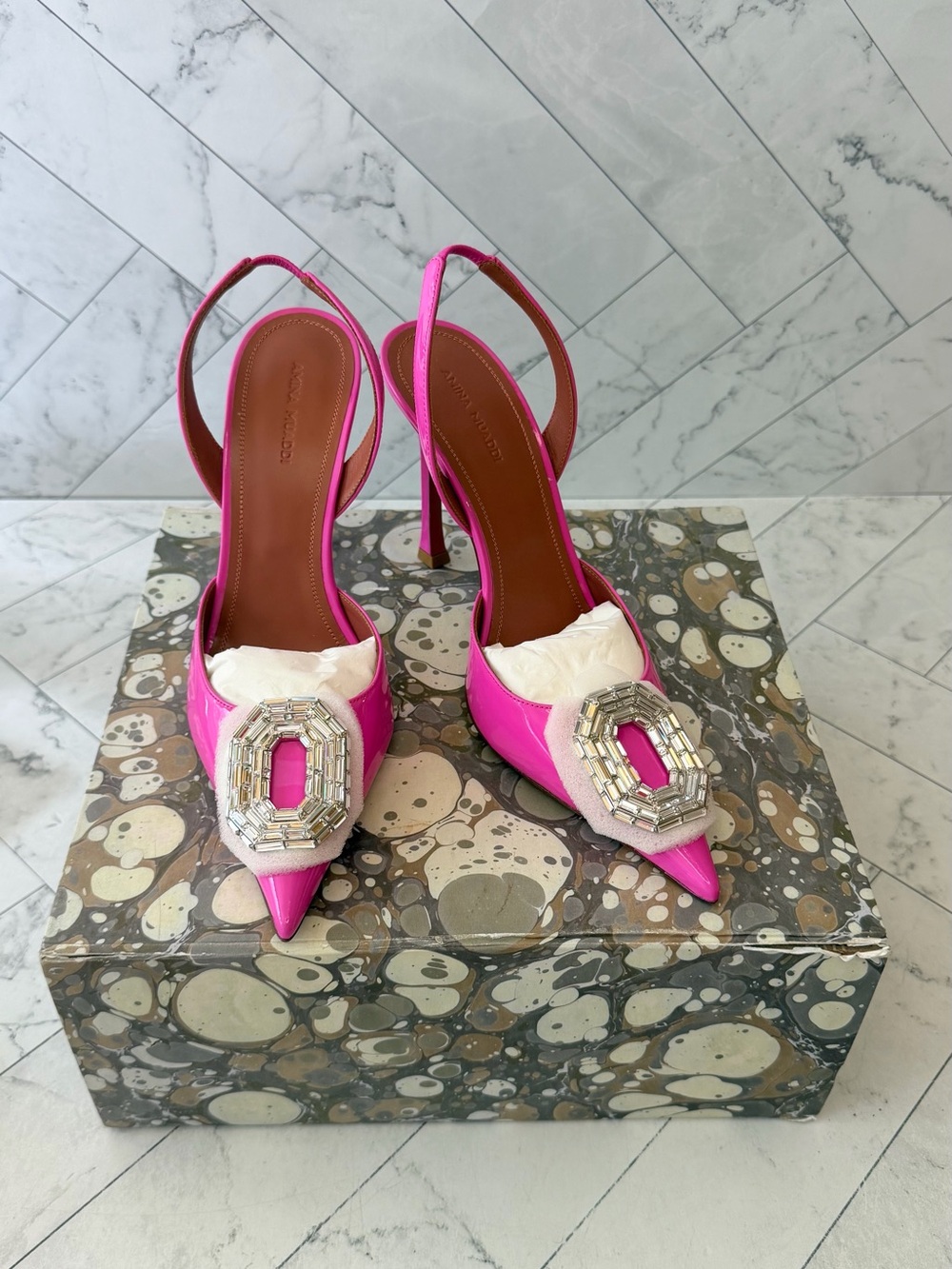 Amina Muaddi Hot Pink Pointed-Toe Slingback Heels with Crystal Buckle